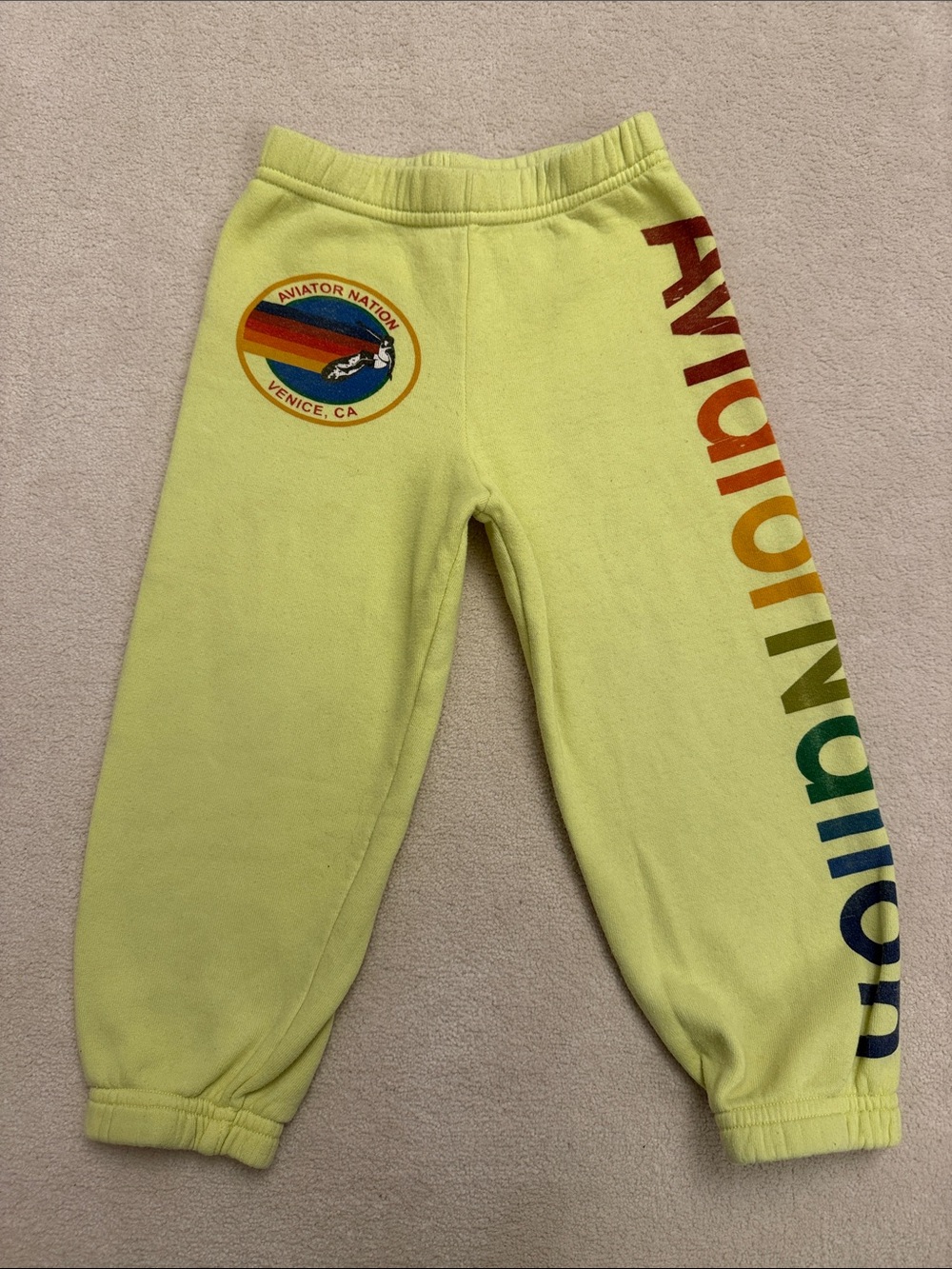 Aviator Nation Kids Lime Green Sweatpants with Rainbow Side Logo size 4